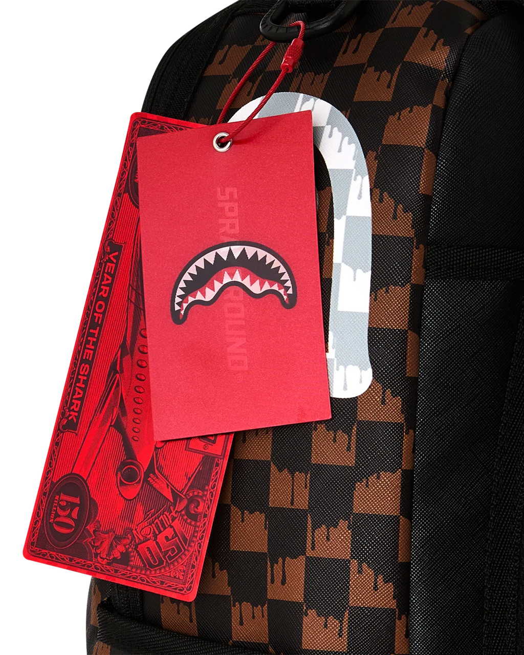 BROWN AND CREAM DRIP CHECK SHARK BACKPACK