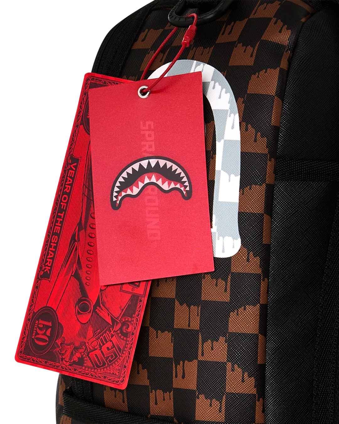 BROWN AND CREAM DRIP CHECK SHARK BACKPACK